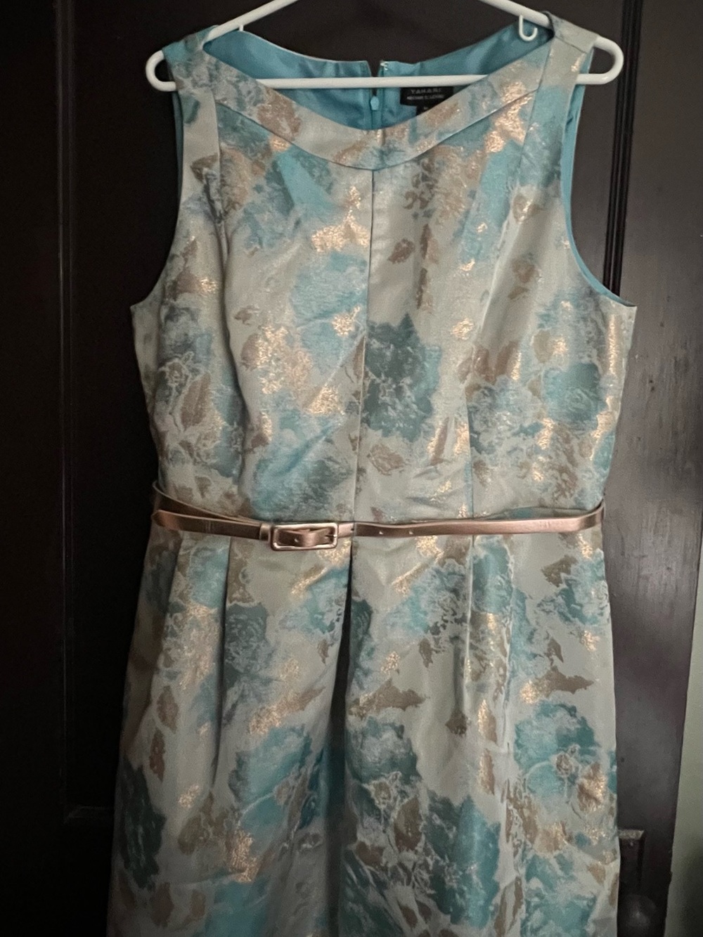 Women’s Sleeveless Teal Floral Jacquard Dress with Gold Detail